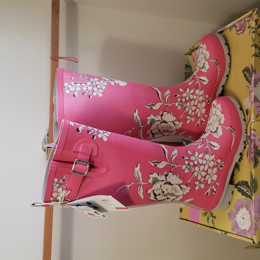 Joules Womans Pink W/ White Floral Print Rain Boots - Picture 2 of 11